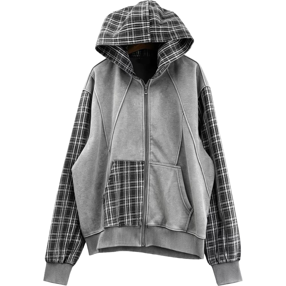 Kobine Men's Techwear Plaid Patchwork Zip Up Hooded Jacket