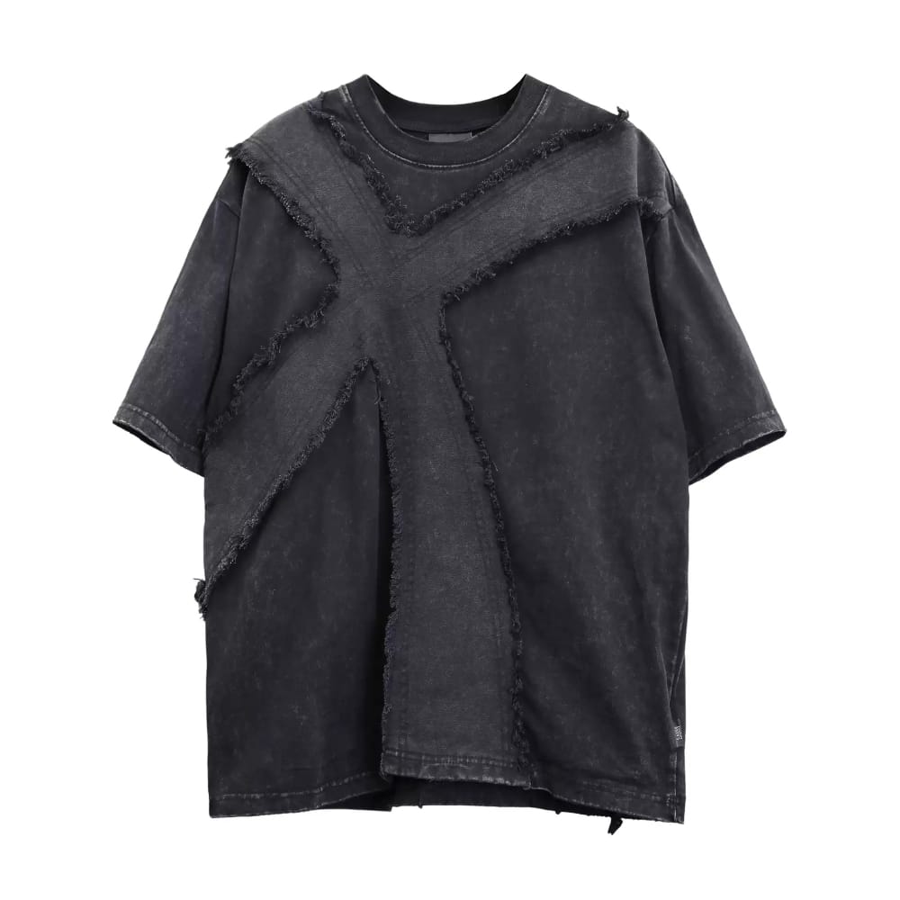 Kobine Men's Techwear Raw Edge Cross Patchwork Short Sleeve Top
