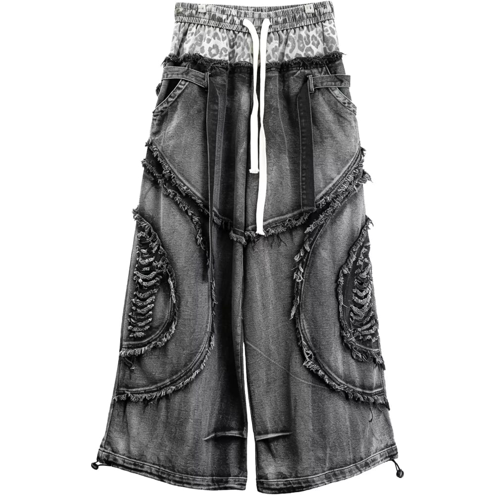Kobine Men's Techwear Raw Edge Patchwork Wide Leg Pants