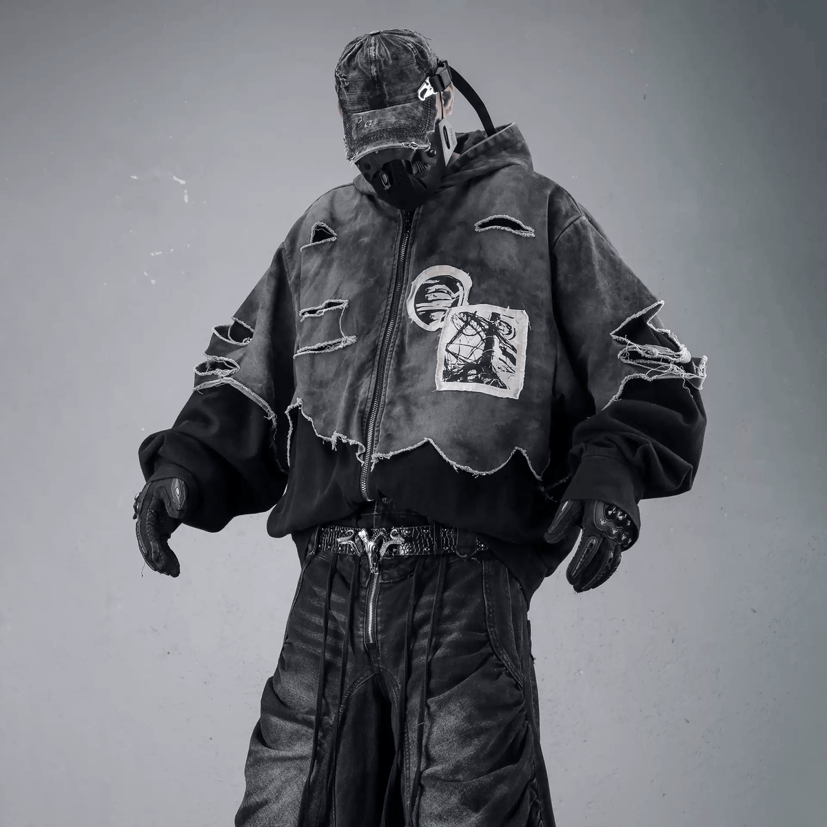 Kobine Men's Techwear Ripped Raw Edge Patchwork Hooded Jacket
