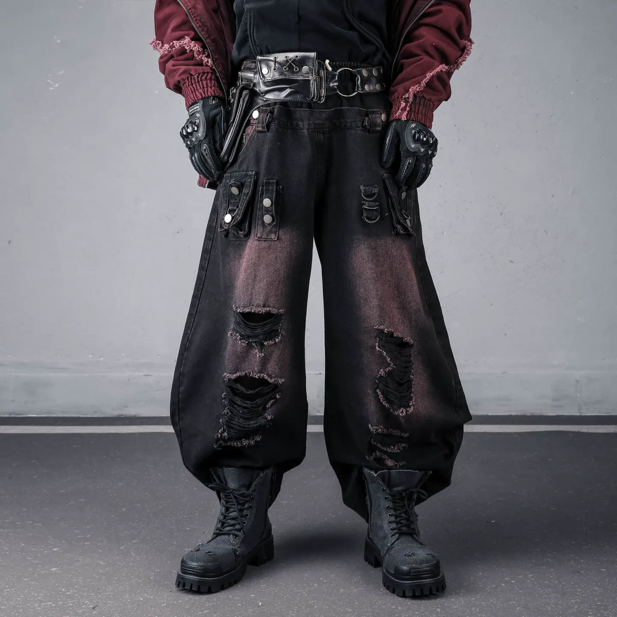 Kobine Men's Techwear Ripped Two‑Tone Wide Leg Denim Cargo Pants