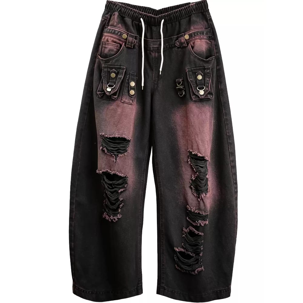 Kobine Men's Techwear Ripped Two‑Tone Wide Leg Denim Cargo Pants