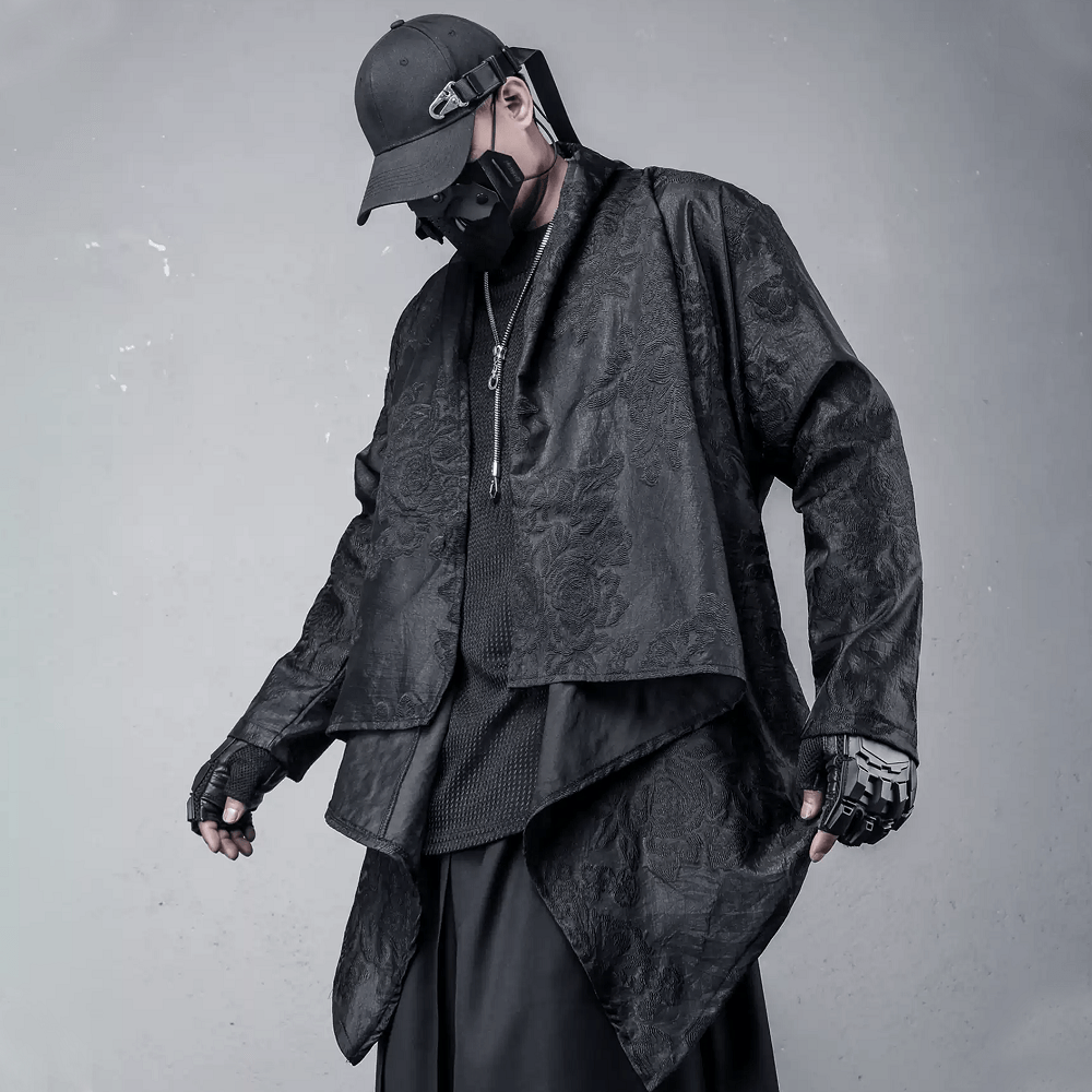 Kobine Men's Techwear Rose Jacquard Snood Collar Asymmetric Coat