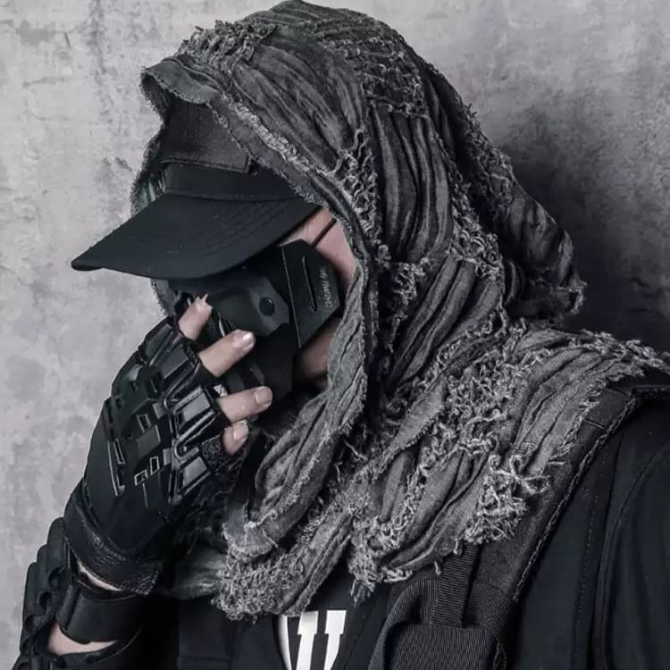 Kobine Men's Techwear Ruched Distressed Raw Edge Scarf