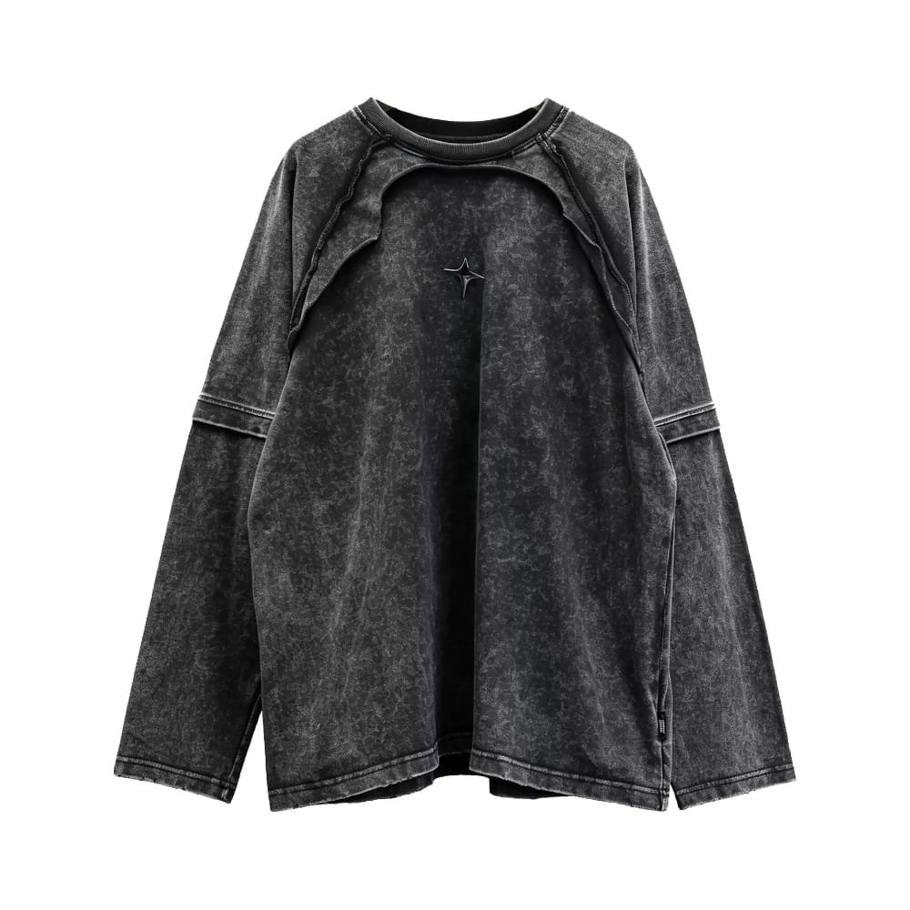 Kobine Men's Techwear Star Decor Distressed Patchwork Long Sleeve Top