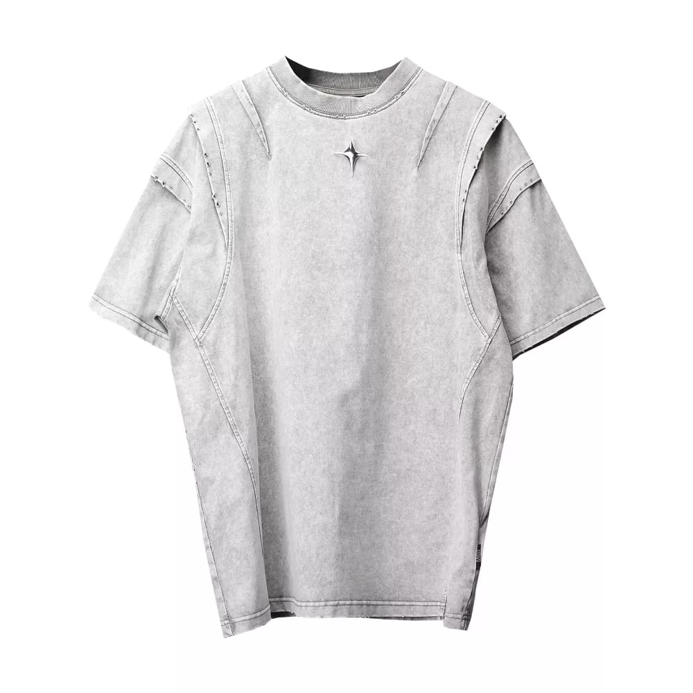 Kobine Men's Techwear Star Decor Distressed Short Sleeve Top Grey