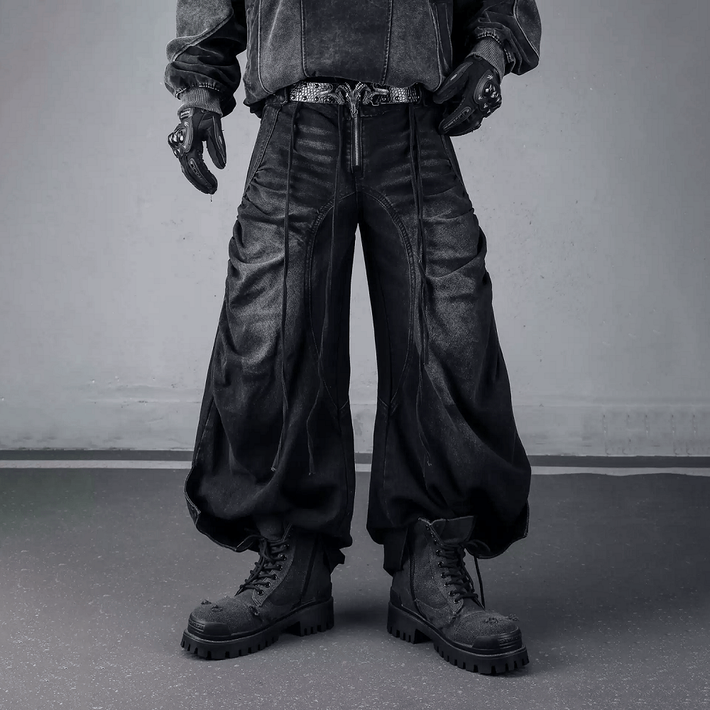 Kobine Men's Techwear Strappy Ruched Wide Leg Denim Cargo Pants