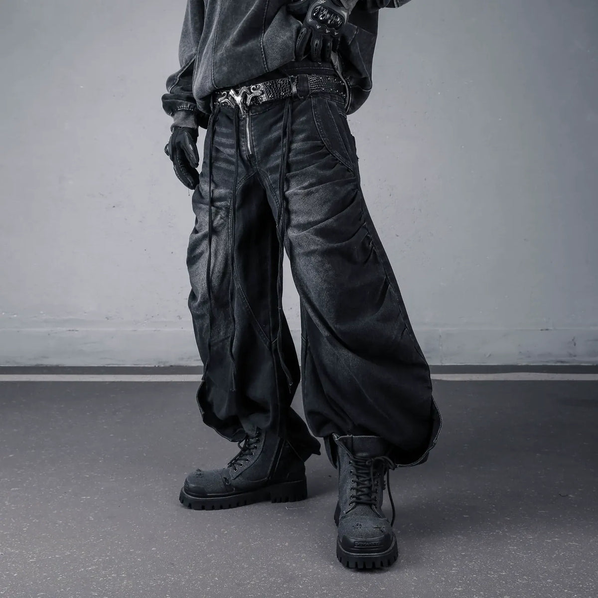 Kobine Men's Techwear Strappy Ruched Wide Leg Denim Cargo Pants