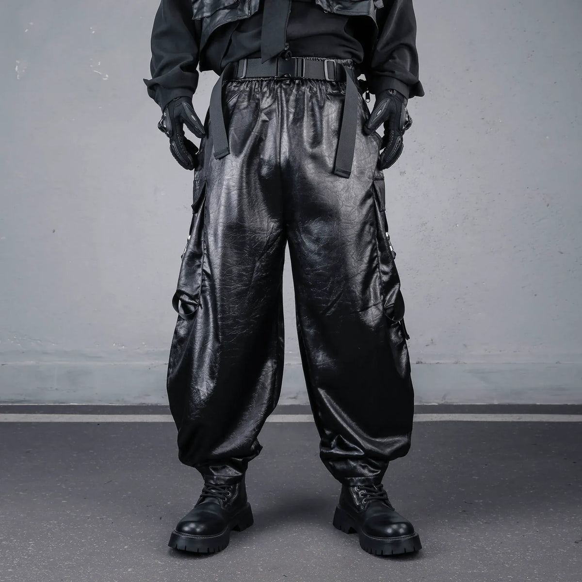 Kobine Men's Techwear Textured Buckle Strap Big Pocket Cargo Pants
