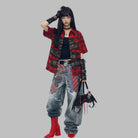 Kobine Unisex Grunge Plaid Print Turn Down Collar Shirt
