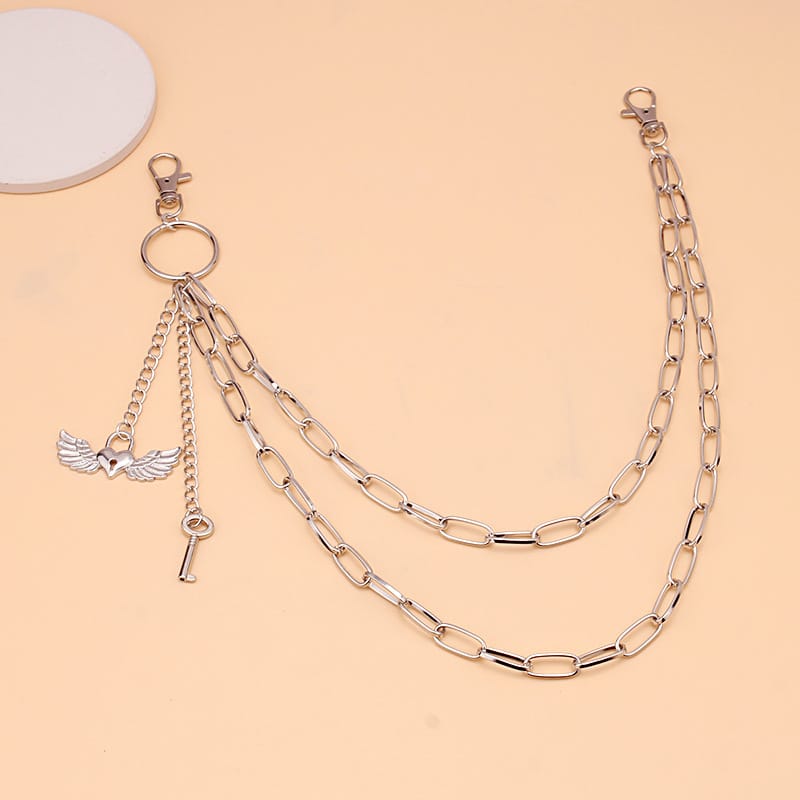 Kobine Unisex Punk Winged Heart Lock & Key Layered Waist Chain
