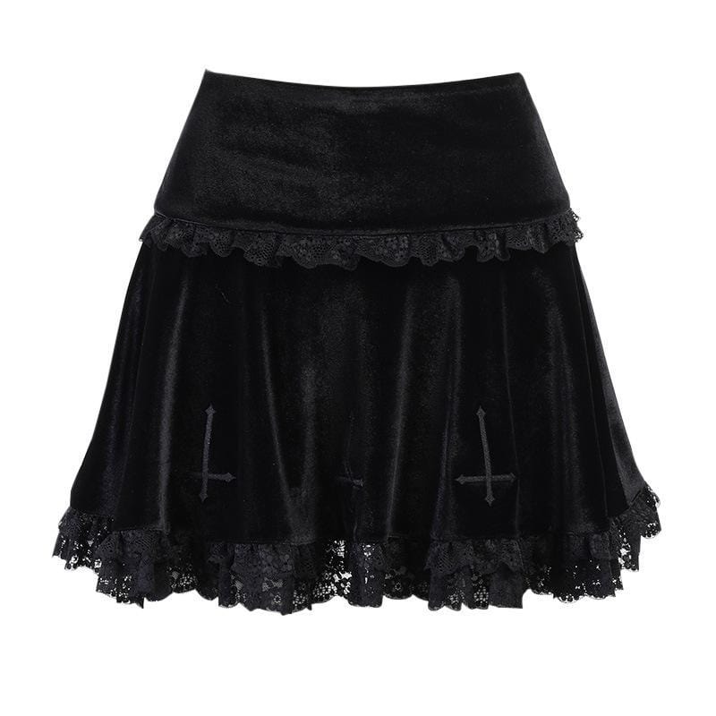 Kobine Women's Goth Cross Lace Hem Velet Pleated Skirts