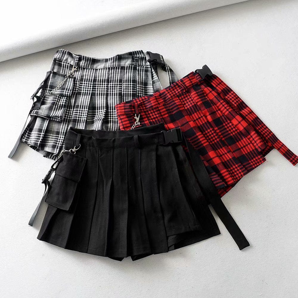 Kobine Women's Goth Irregular Plaid Mini Skirt With Small Pocket