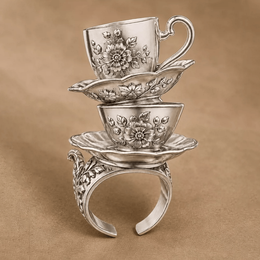 Kobine Women's Gothic 3D Floral Carved Teacup & Saucer Open Band Ring