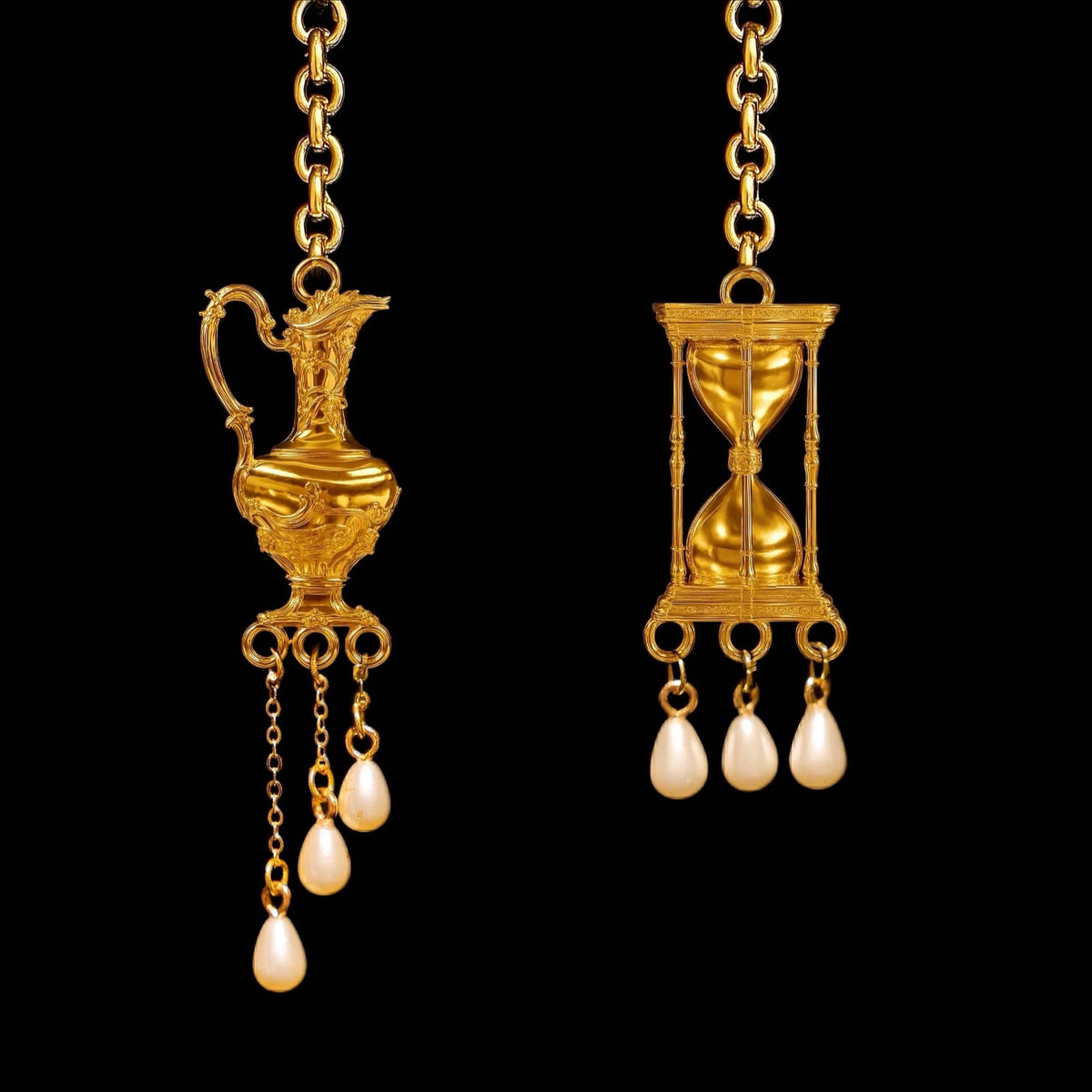 Kobine Women's Gothic Asymmetric Ewer Hourglass Pearl Drop Post Earrings