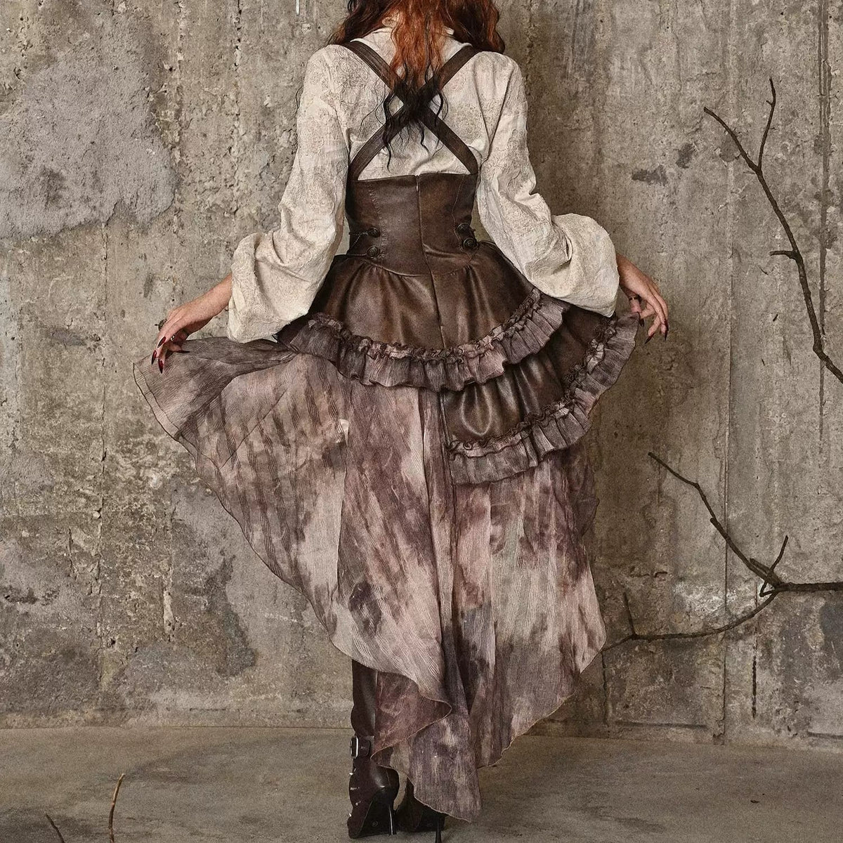 Kobine Women's Gothic Asymmetric Ruffle High/Low Hem Suspender Skirt