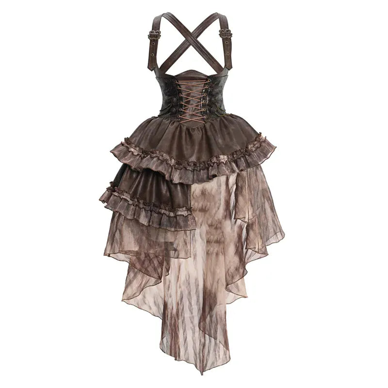 Kobine Women's Gothic Asymmetric Ruffle High/Low Hem Suspender Skirt