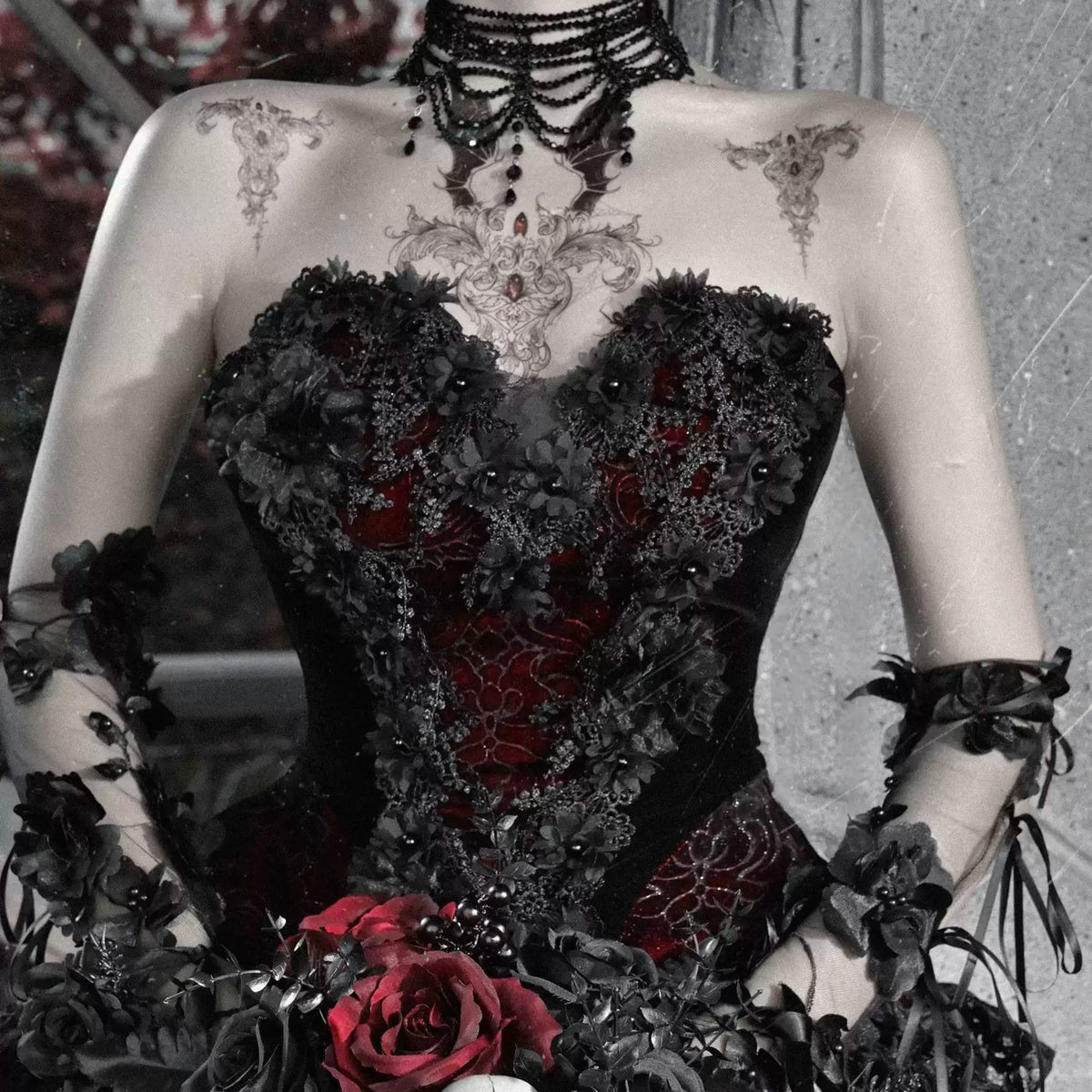 Women's Gothic Beaded Floral Two‑Tone Irregular Overbust Corset - Punk Design
