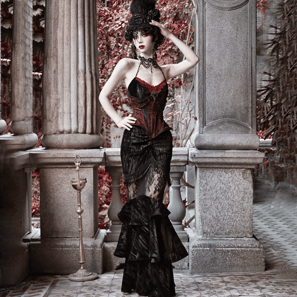 Women's Gothic Beaded Fringe Floral Lace Panel Mermaid Skirt - Punk Design