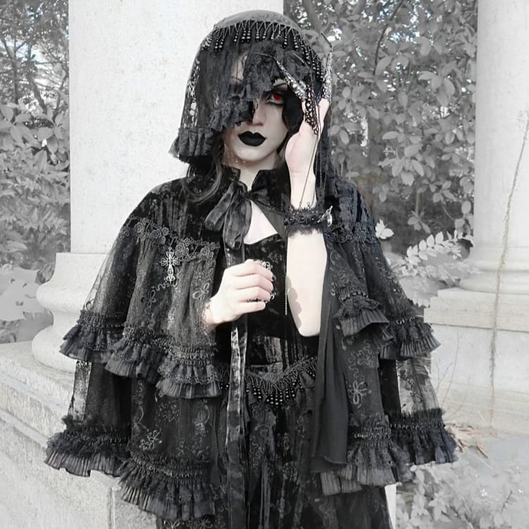 Kobine Women's Gothic Beaded Fringe Floral Lace Veil