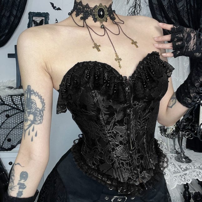 Kobine Women's Gothic Beaded Ruffled Lace Splice Overbust Croset