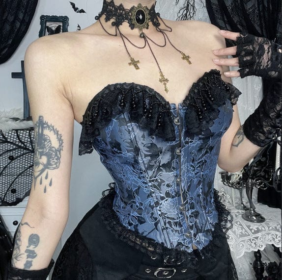 Kobine Women's Gothic Beaded Ruffled Lace Splice Overbust Croset
