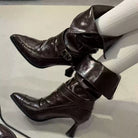 Kobine Women's Gothic Buckle Strap Ruched Pointed Toe High-heeled Boots