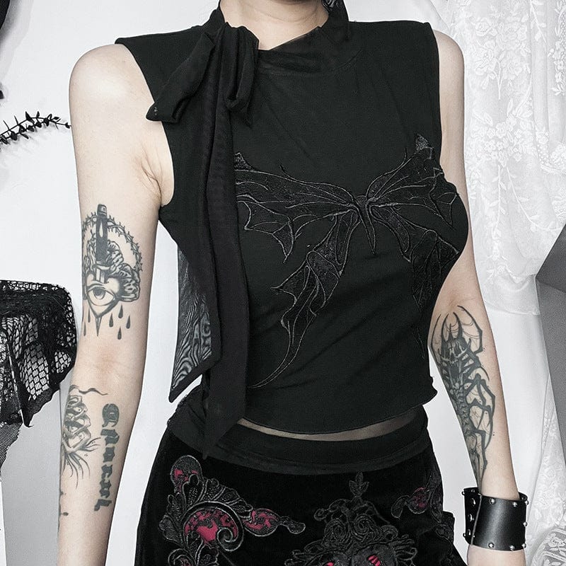 Kobine Women's Gothic Butterfly Embroidered Lace-up Tank Top