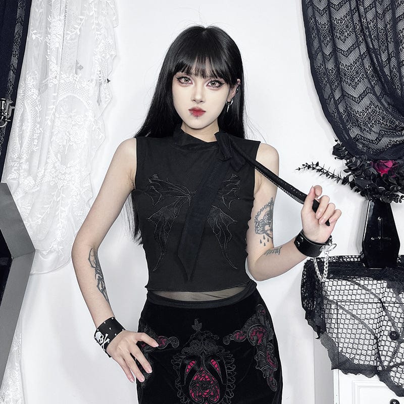 Kobine Women's Gothic Butterfly Embroidered Lace-up Tank Top