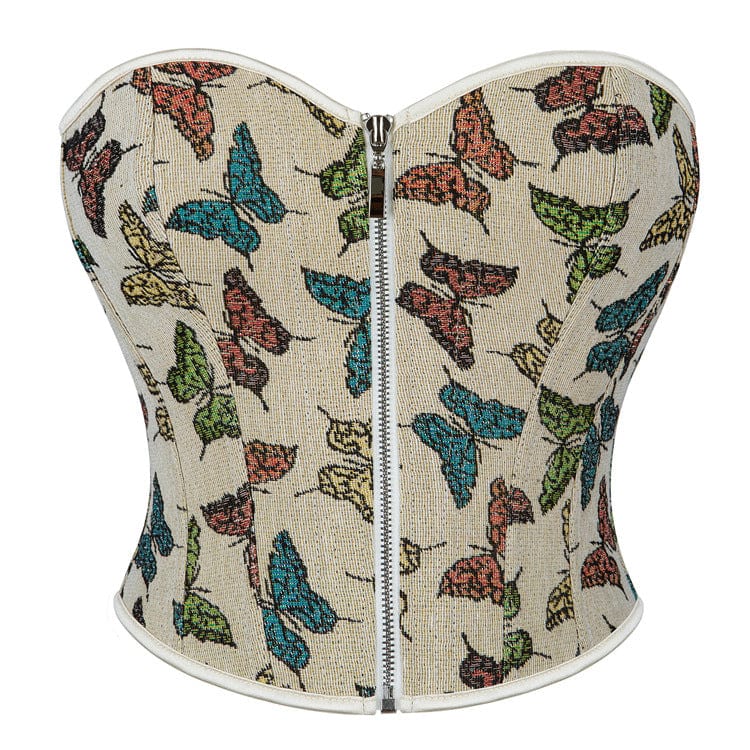 Kobine Women's Gothic Butterfly Printed Front Zip Overbust Corset