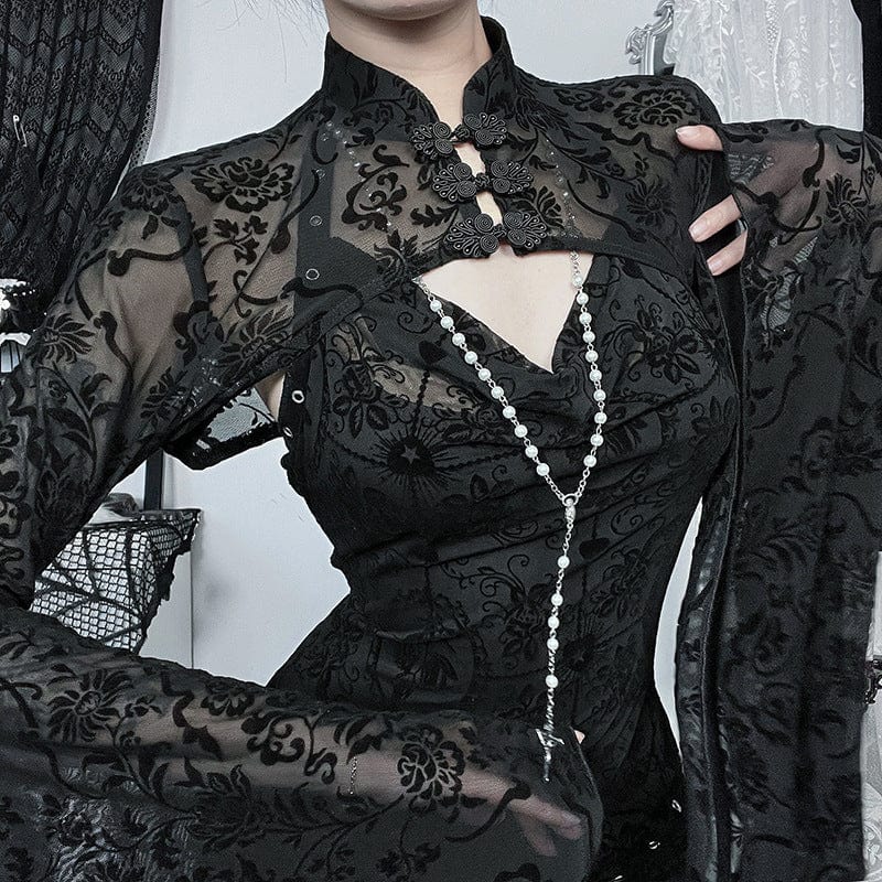 Kobine Women's Gothic Cheongsam Collar Flocking Mesh Cape