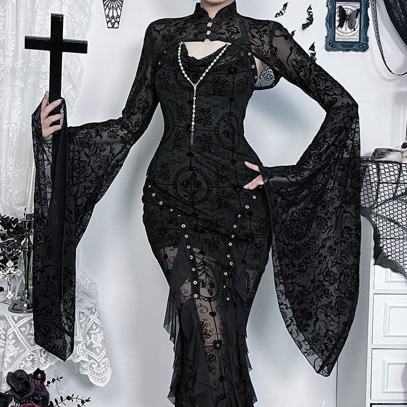 Kobine Women's Gothic Cheongsam Collar Flocking Mesh Cape