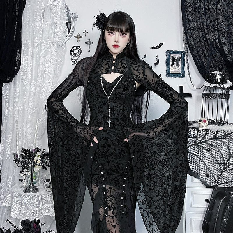 Kobine Women's Gothic Cheongsam Collar Flocking Mesh Cape