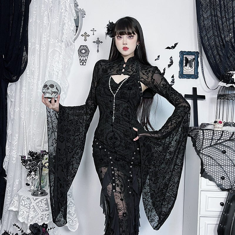 Kobine Women's Gothic Cheongsam Collar Flocking Mesh Cape