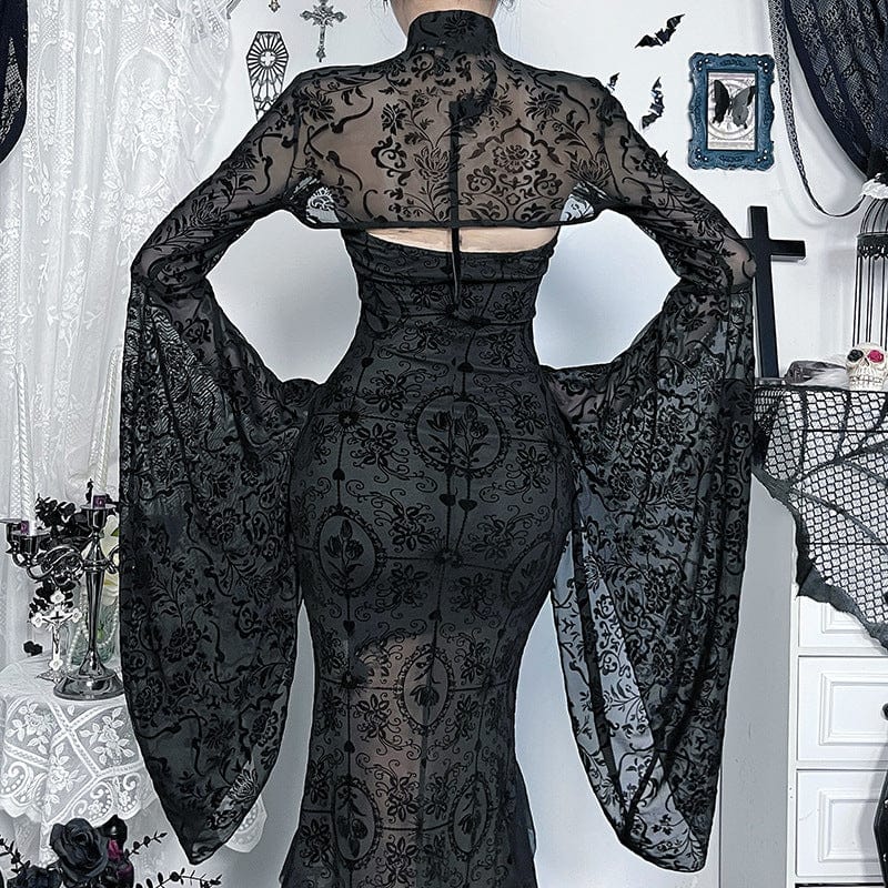 Kobine Women's Gothic Cheongsam Collar Flocking Mesh Cape