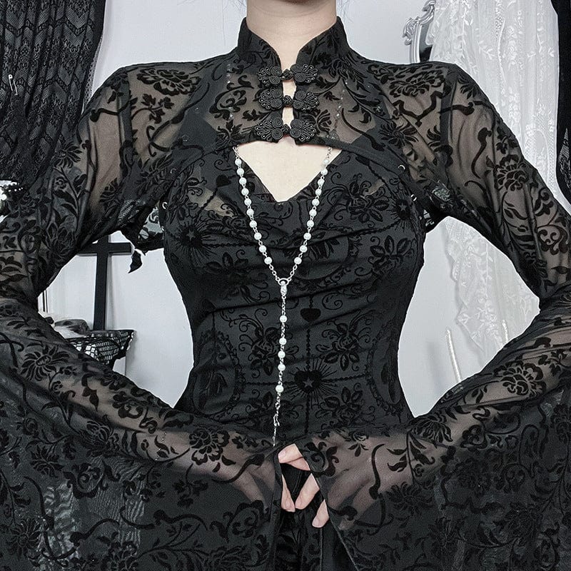 Kobine Women's Gothic Cheongsam Collar Flocking Mesh Cape