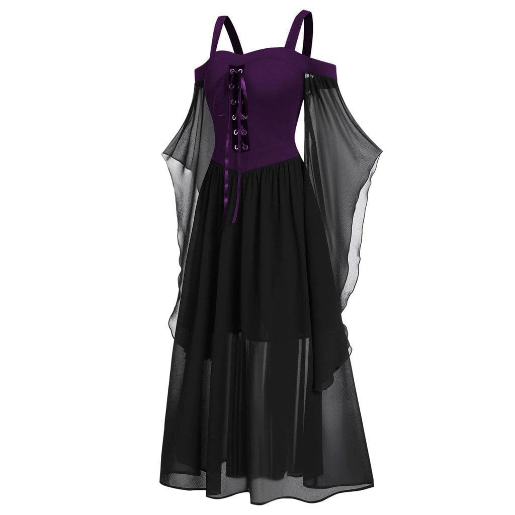 Kobine Women's Gothic Contrast Color Flared Sleeved Witch Slip Dress