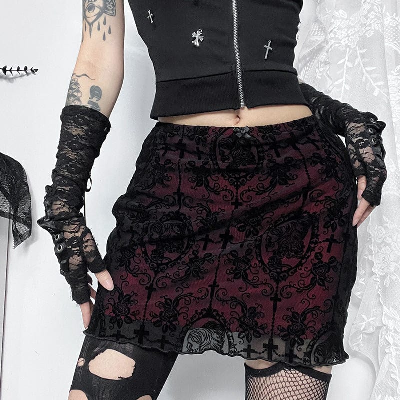 Kobine Women's Gothic Contrast Color Lace Flocking Skirt