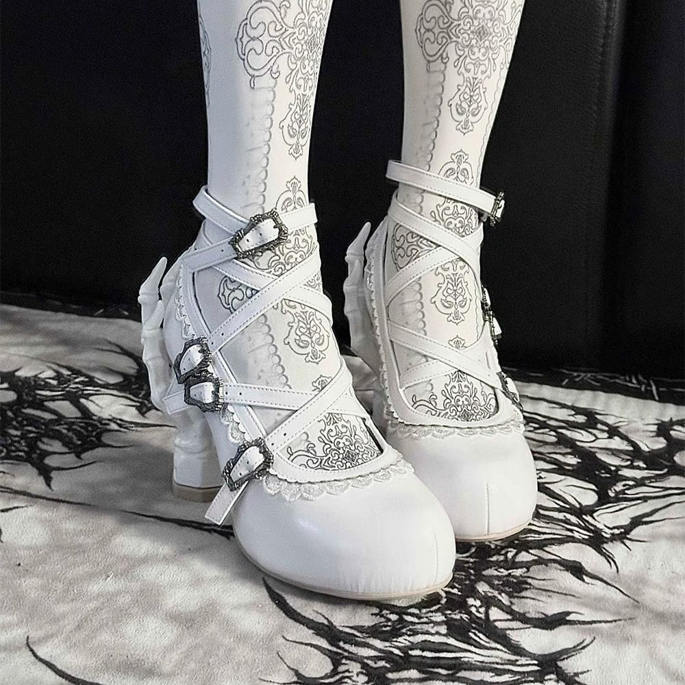 Kobine Women's Gothic Criss‑cross Buckle Straps Skeleton Hand Heel Shoes
