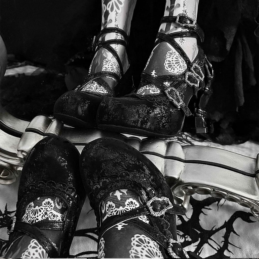 Kobine Women's Gothic Criss‑cross Buckle Straps Skeleton Hand Heel Shoes