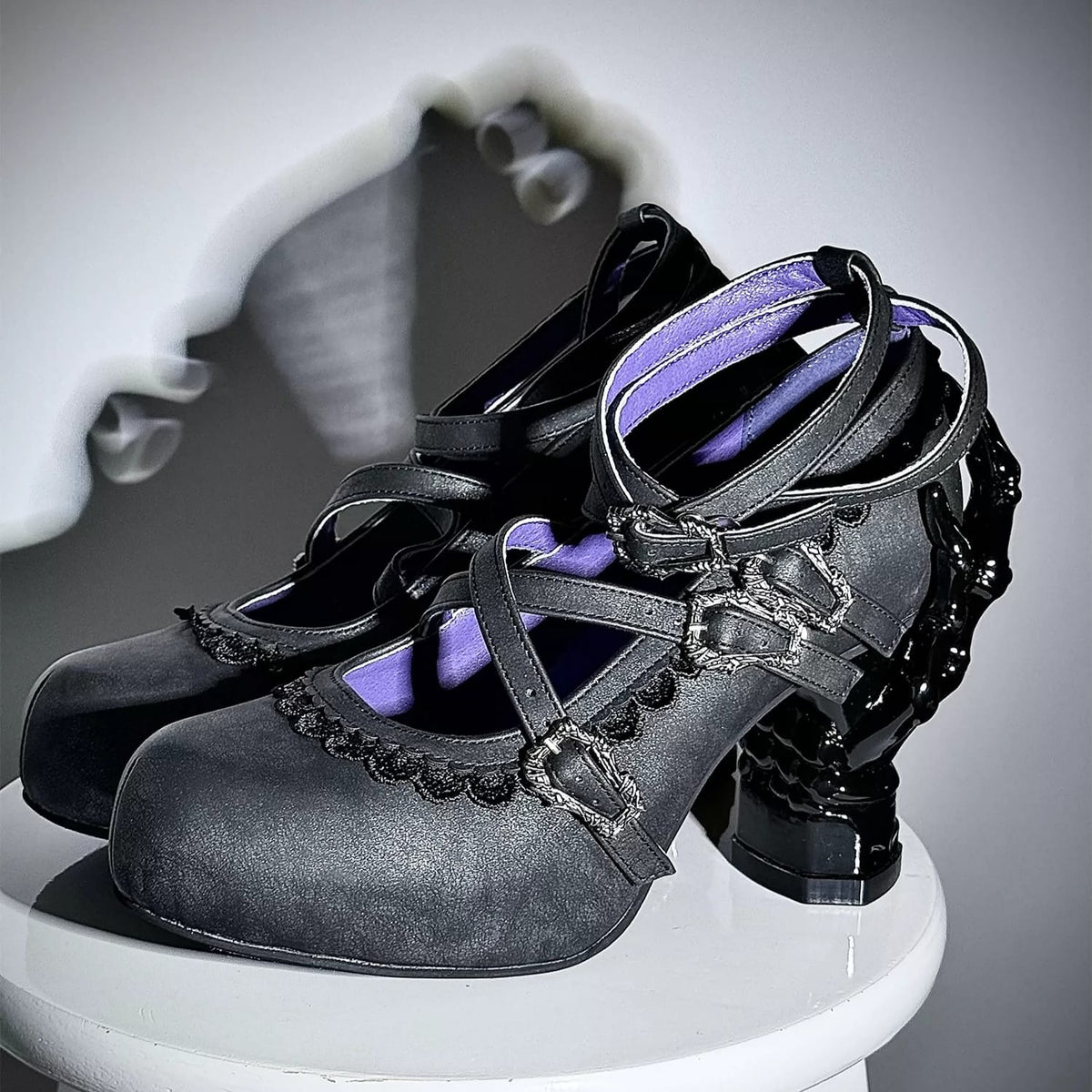 Kobine Women's Gothic Criss‑cross Buckle Straps Skeleton Hand Heel Shoes