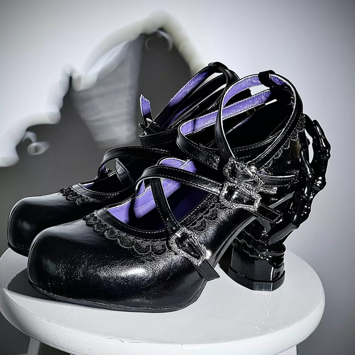 Kobine Women's Gothic Criss‑cross Buckle Straps Skeleton Hand Heel Shoes