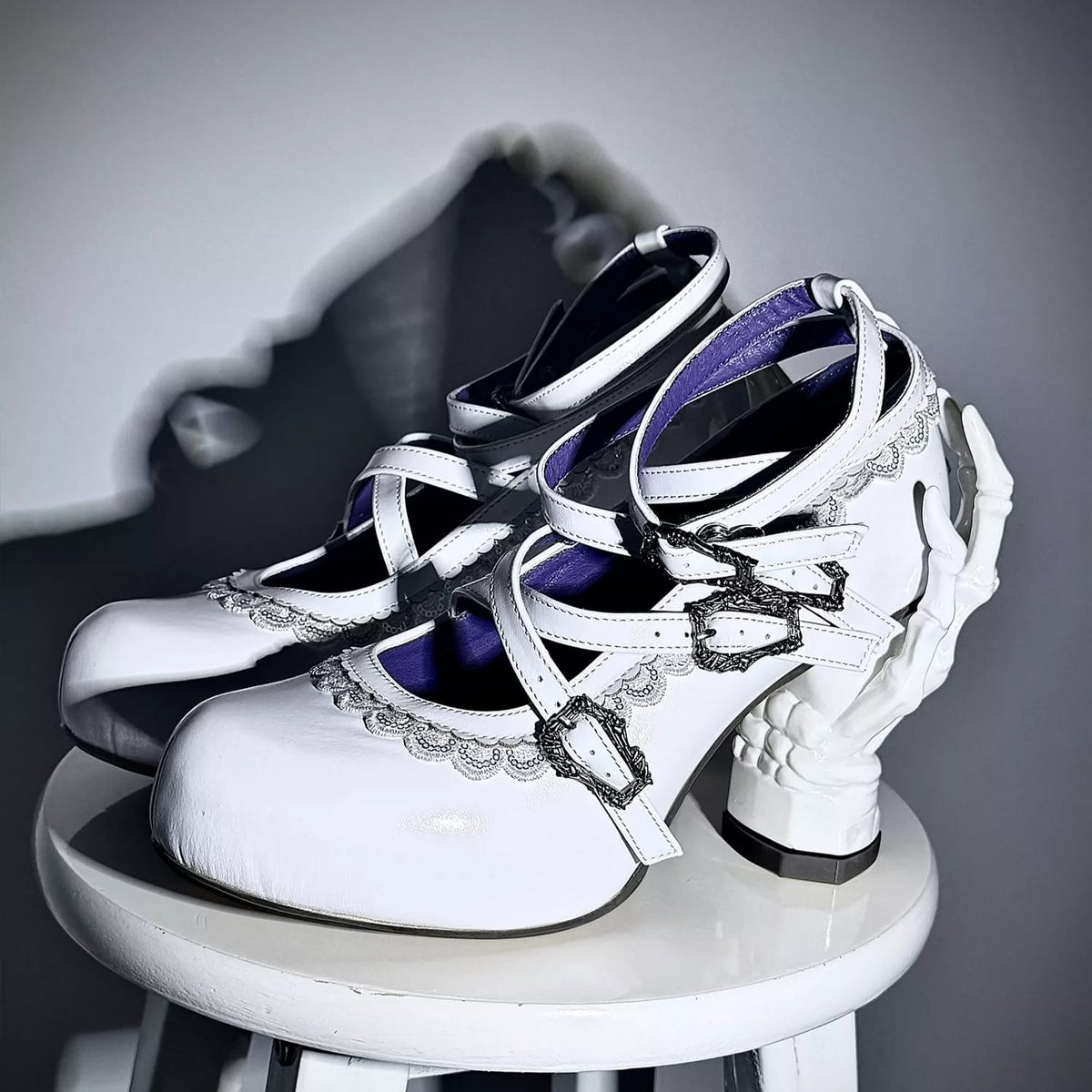 Kobine Women's Gothic Criss‑cross Buckle Straps Skeleton Hand Heel Shoes
