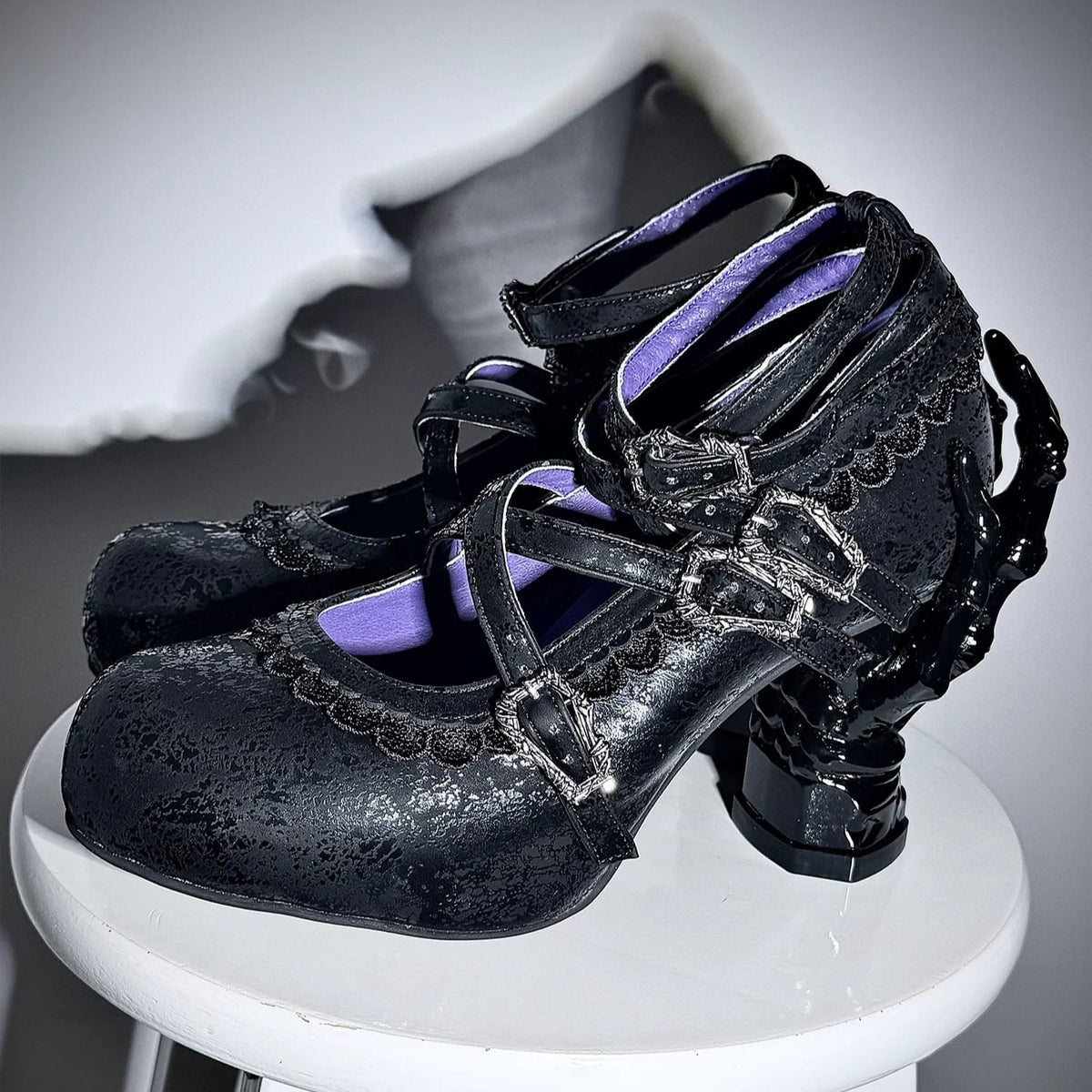 Kobine Women's Gothic Criss‑cross Buckle Straps Skeleton Hand Heel Shoes