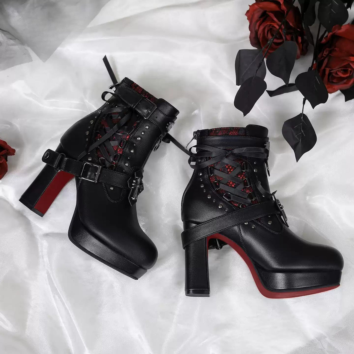 Kobine Women's Gothic Cross Buckle Strap Lace-Up Two-Tone Platform Ankle Boots