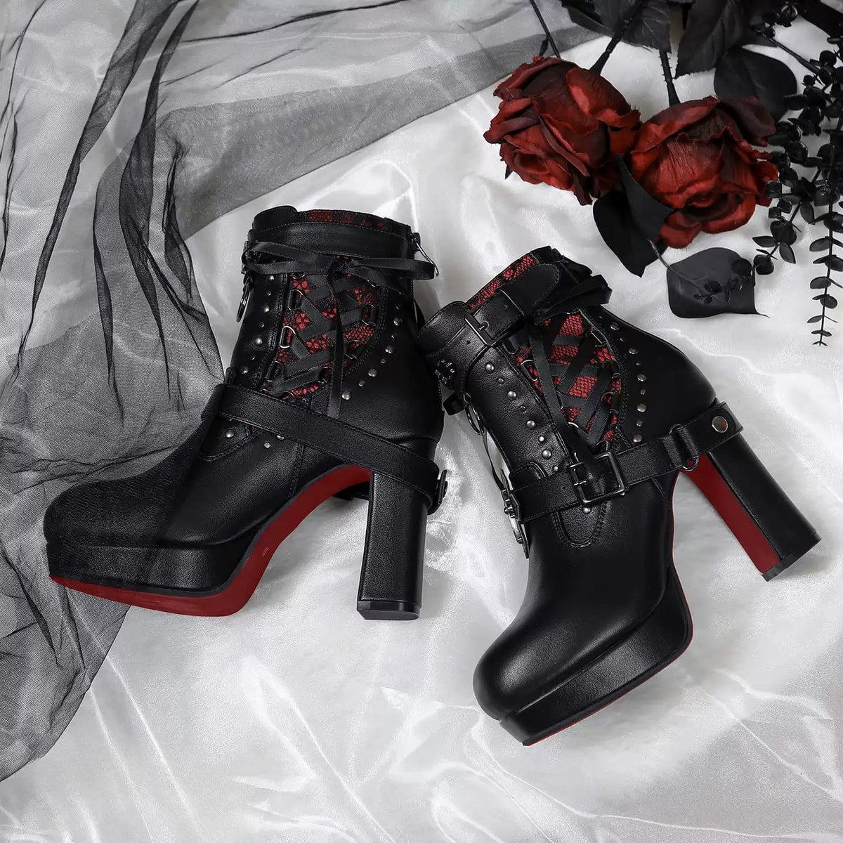 Kobine Women's Gothic Cross Buckle Strap Lace-Up Two-Tone Platform Ankle Boots