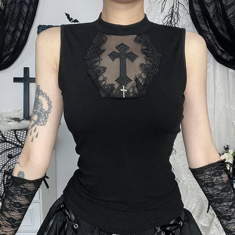 Kobine Women's Gothic Cross Mesh Splice Tank Top