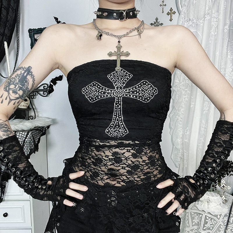 Kobine Women's Gothic Cross Rhinestone Lace Splice Tank Top