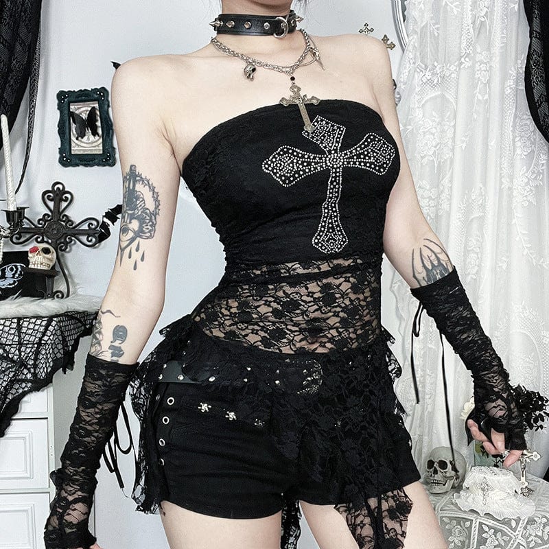 Kobine Women's Gothic Cross Rhinestone Lace Splice Tank Top