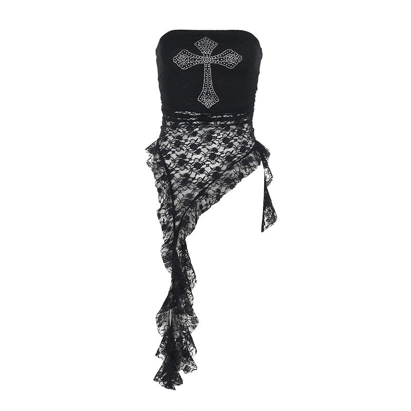 Kobine Women's Gothic Cross Rhinestone Lace Splice Tank Top